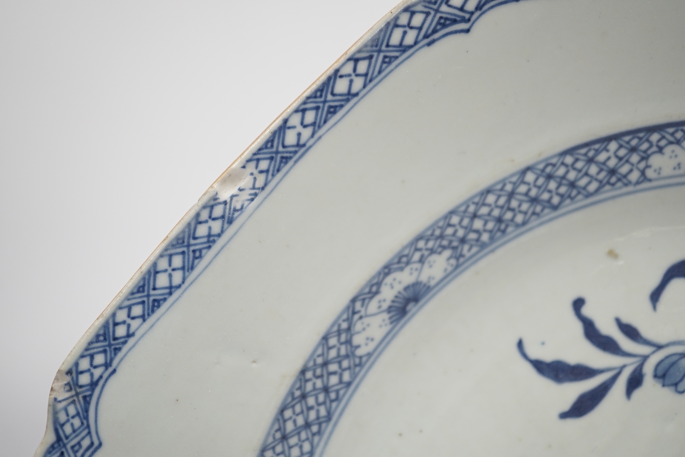 A late 18th century Chinese blue and white octagonal export plate and other items, Chinese export plate, 30cm wide (5)